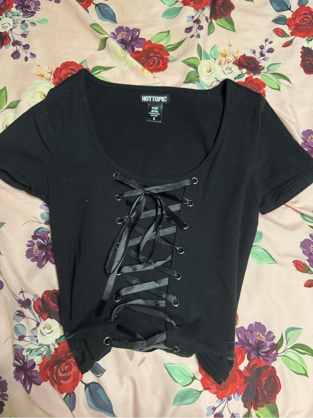 Hot Topic Black Lace-Up Scoop Neck Short Sleeve Top